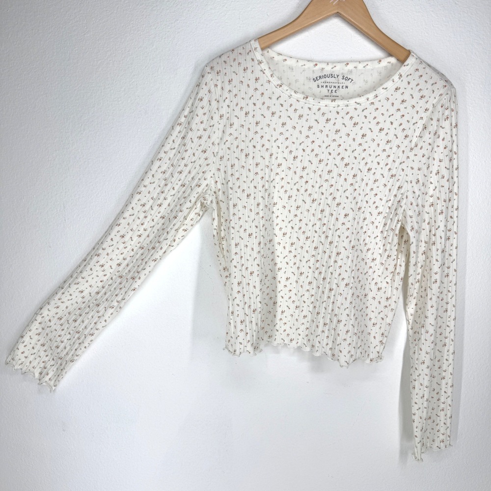 Aeropostale Ribbed Ditsy Floral Pointelle Long Sleeve Top Large Fairy Coquette